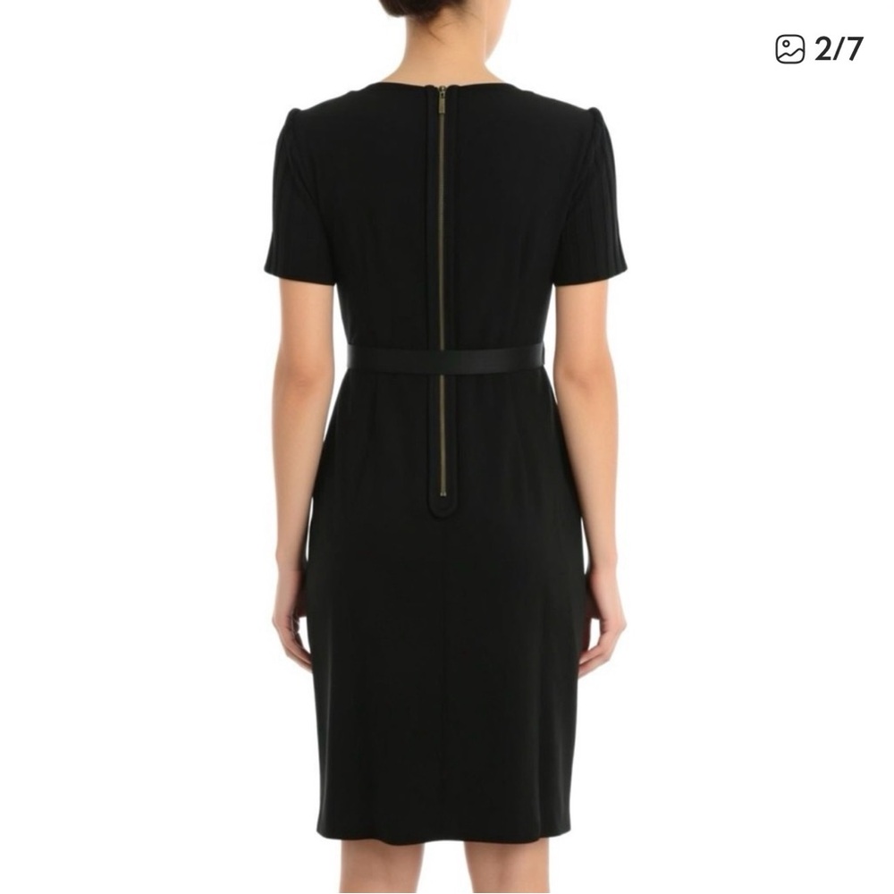 Nue by Shani Shapewear Lined Black V-Neck, Knit Sleeves Belted Midi Dress NWT - Picture 3 of 13